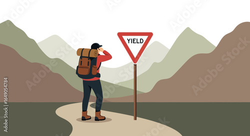 Respectful Hiker Pauses at Yield Sign Amidst Mountain Vista On A Trail