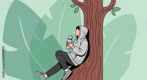 Resting Man With Beverage Under Tree In Nature Relaxing In The Forest