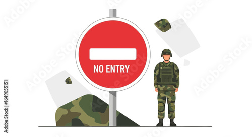 Restricted Zone Military Presence Warning Sign With Armed Soldier Standing Guard