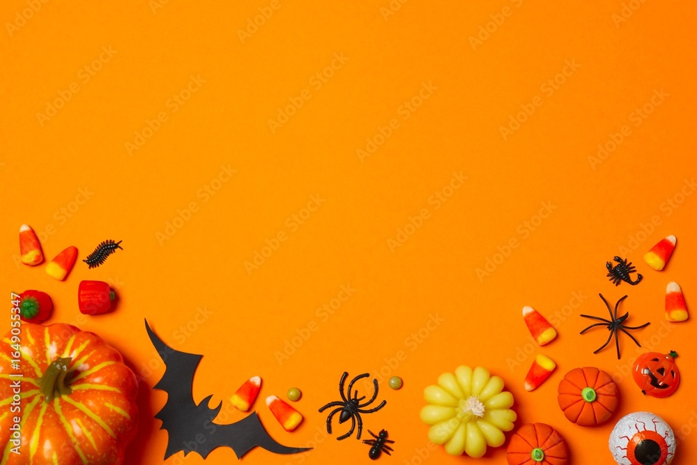 Fototapeta premium Festive Halloween frame with decorations arranged on orange background 