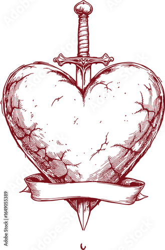 Cracked heart pierced by sword vector illustration, emotional pain and heartbreak symbol with ribbon in vintage tattoo style