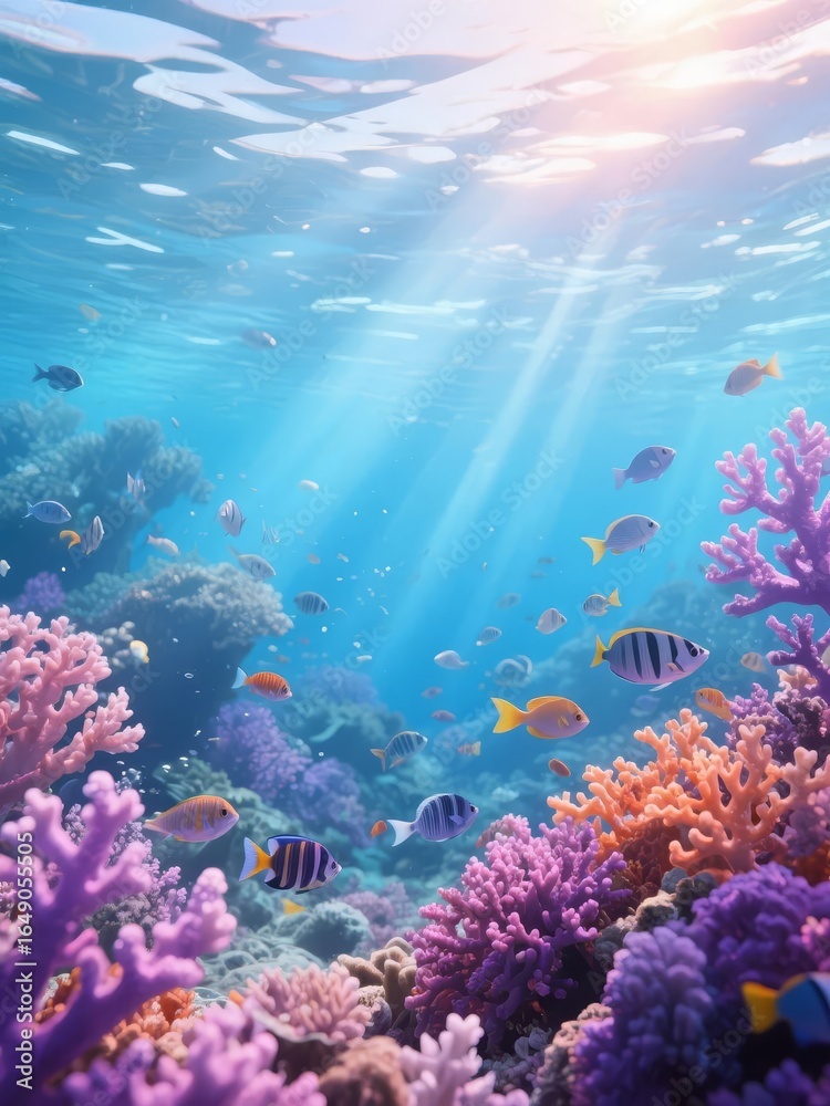 Fototapeta premium Vibrant Coral Reef with Colorful Fish and Sunlight Beams