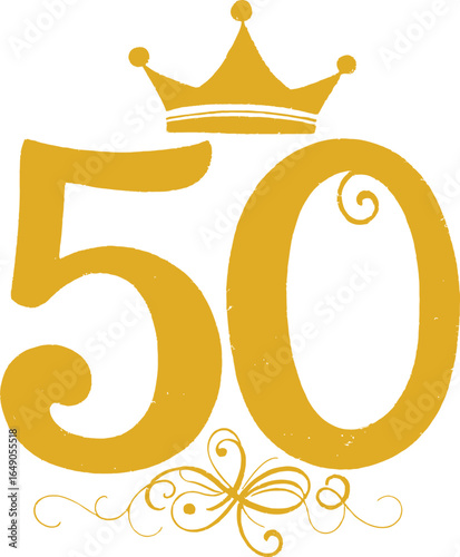 Golden 50th anniversary celebration vector with crown and flourish, elegant milestone design for festive event decoration