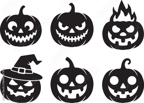 Spooky Halloween pumpkins with scary faces and witch hat