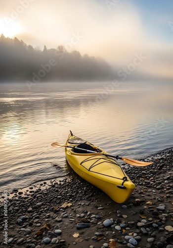 Golden kayak resting on pebble beach amidst ethereal mist on serene waterscape
