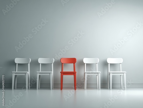 A row of five chairs against a light wall, with one red chair standing out among four white chairs in a minimalist setting