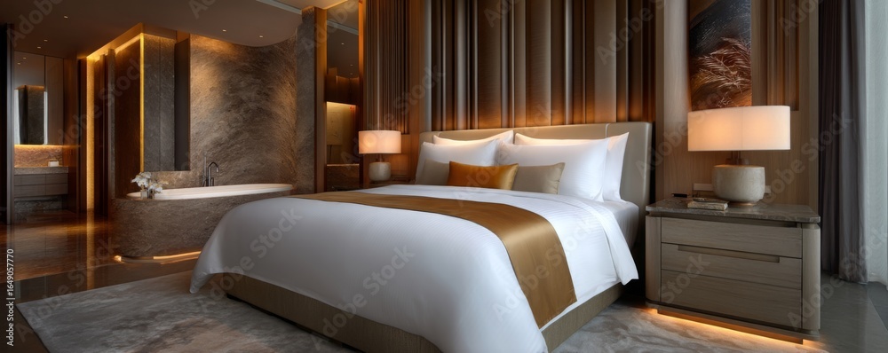 Fototapeta premium Stylish luxury bedroom interior modern hotel photography warm lighting wide angle comfort and elegance