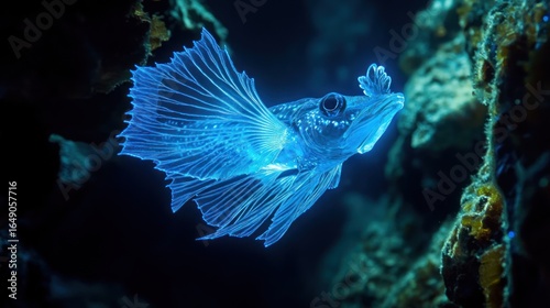 Luminescent Ocean Phantom: A mesmerizing underwater portrait of a bioluminescent fish amidst a dark, mysterious reef