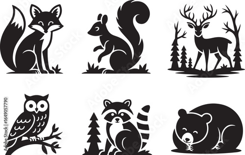 Charming forest animals in simple silhouette style