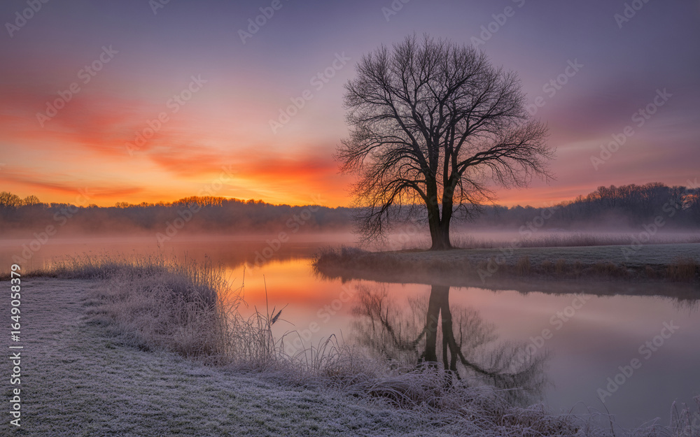 Obraz premium Solitary tree by a misty lake at sunrise with frost