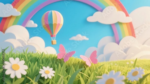 Colorful Hot Air Balloon Floating Over a Lush Green Field with Daisies and Butterflies Under a Rainbow Sky