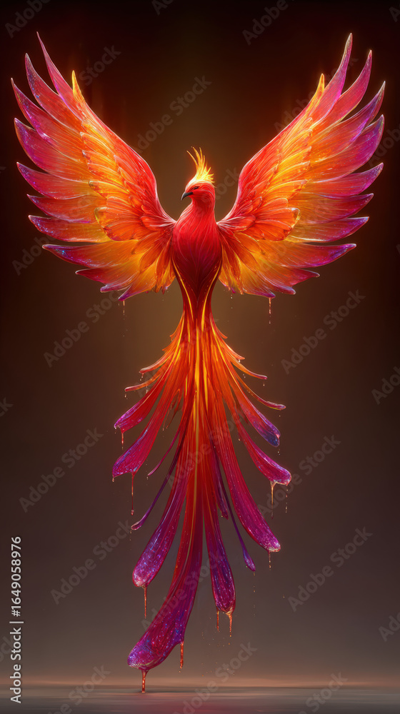 Obraz premium A vibrant and majestic phoenix with fiery orange and pink feathers rises against a dark backdrop, symbolizing rebirth and transformation