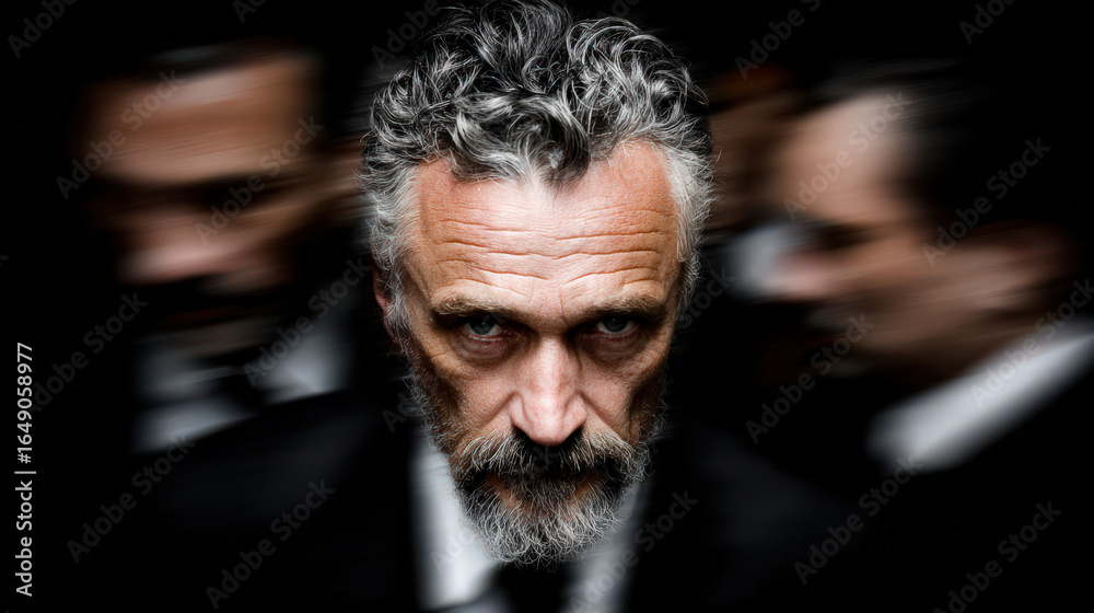 Fototapeta premium A confident middle-aged man with curly gray hair and a beard stares intensely at the camera, with blurred figures of men in suits in the background creating a dramatic effect