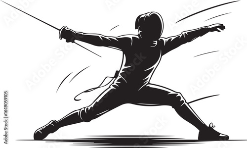 Dynamic fencer lunges forward with sword extended aggressively
