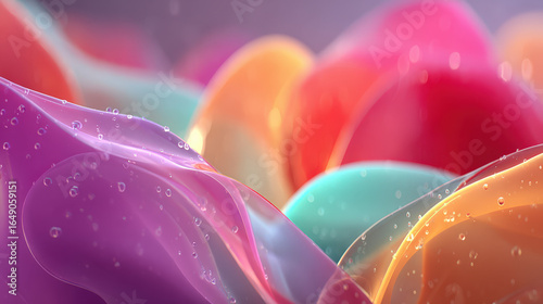 Colorful abstract shapes seamlessly blend together in a fluid motion, showcasing a gradient of vibrant hues and glistening droplets of water, creating a dreamlike atmosphere