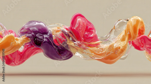 Colorful fluid shapes intertwine in a graceful dance, showcasing vibrant hues of pink, purple, orange, and yellow on a neutral background, evoking a sense of motion and creativity