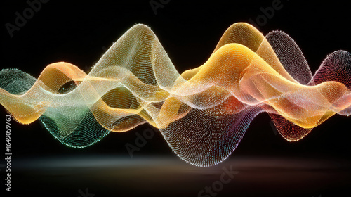 Colorful waves of glowing light create an abstract pattern against a dark background, resembling sound waves and evoking a sense of movement and rhythm