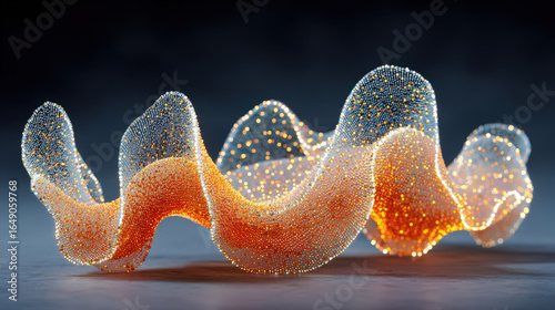 A colorful abstract wave of glowing particles with a smooth, flowing form creates a mesmerizing visual effect against a dark background