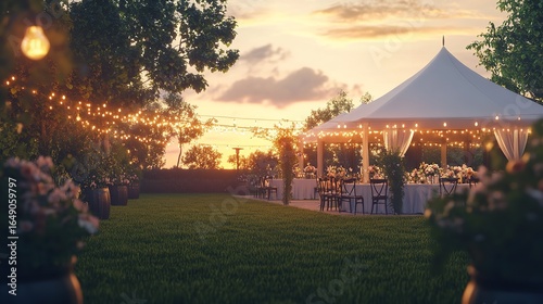 A wedding reception tent on a green lawn illuminated by string lights at sunset in a garden setting