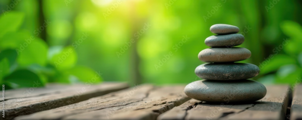 Obraz premium Balanced stones on rustic wood, serene nature scene, texture, element, serenity