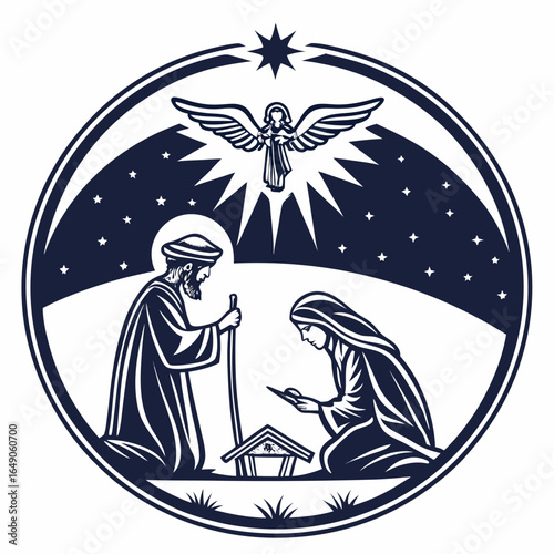 Isolated Holiday Nativity Badge of a Religious Scene
