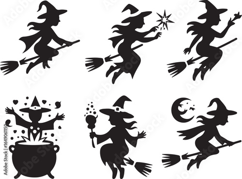 Magical Halloween witches fly on broomsticks casting spells