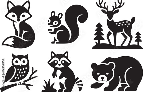 Charming woodland creatures in playful black and white icons