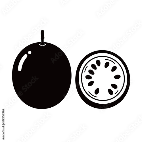 black and white silhouette vector of passion fruit on white background