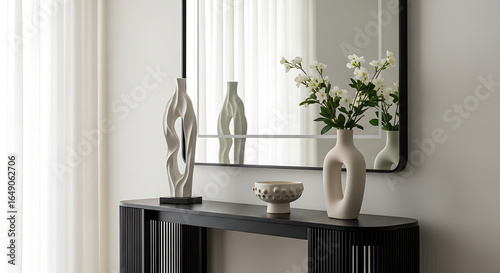 Elegant console table with decorative objects and mirror reflection