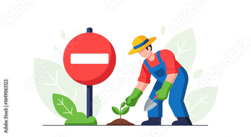 Reviving Land Plot: Gardener Planting Seedling Near Prohibited Area Sign