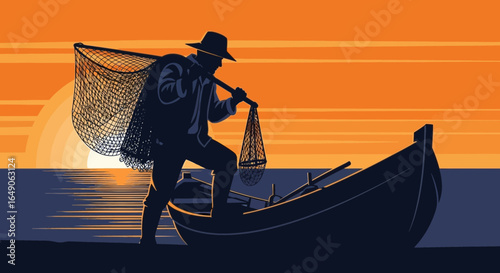 Returning Home A Silhouette Of A Fisherman With Sunset After Hard Day Work