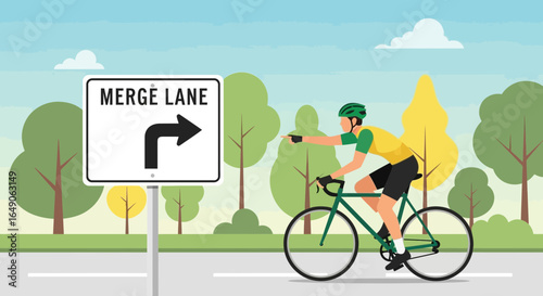 Riding A Bicycle In An Urban Park Under Merge Lane Road Sign Illustration