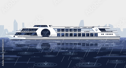 Riverboat Cruise In Gentle Rain Calm Waters With Distant Skyline View