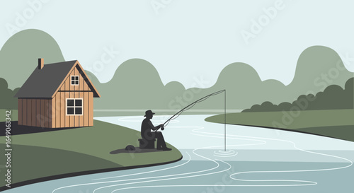 Riverside Cabin With Fisherman Relaxing By the Water Vector Illustration