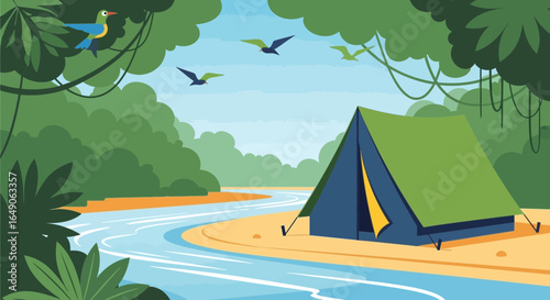 Riverside Camping Adventure In Tropical Forest Landscape Background Vector