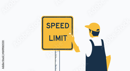 Road Crew Installing New Speed Limit Sign For Improved Traffic Safety