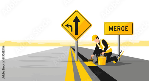 Road Construction Worker Painting Yellow Lines with Merge Road Sign Ahead