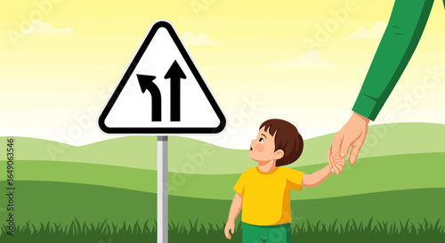 Road Decision: Little Boy Holding Hands and Looking At Directional Road Sign