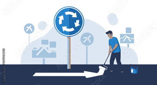 Road Maintenance Worker Repainting A White Line Near Roundabout Sign