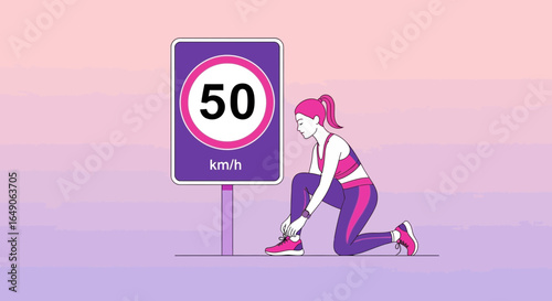 Road Safety And Fitness Concept Woman Preparing For A Workout Routine