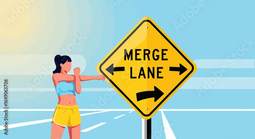 Road Safety And Healthy Lifestyle Featuring Merge Lane Sign And Stretching Woman
