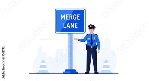 Road Safety Awareness: Policeman Explaining Merge Lane Rules on a Highway Road
