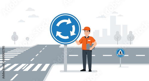 Road Safety Awareness Traffic Roundabout Sign And Worker Standing Near Road