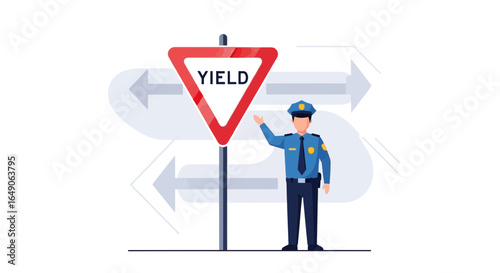 Road Safety Guidance A Policeman Directing Traffic At A Yield Sign Illustration