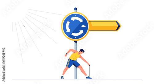 Road Sign Guidance With Man Exercising Near A Road Sign On Sunny Day