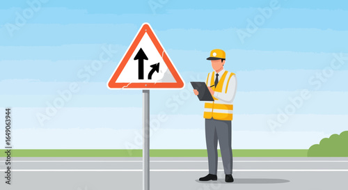 Road Sign Inspection: Engineer Inspects Traffic Sign Manually with Checklist