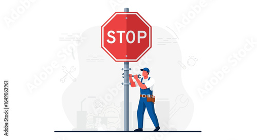 Road Sign Installation Worker Tightens Stop Sign In Traffic Safety Concept