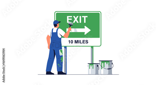 Road Sign Painter Worker Maintaining And Repairing Highway Exit Directional