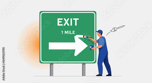 Road Sign Maintenance Worker Painting An Exit Sign On The Highway