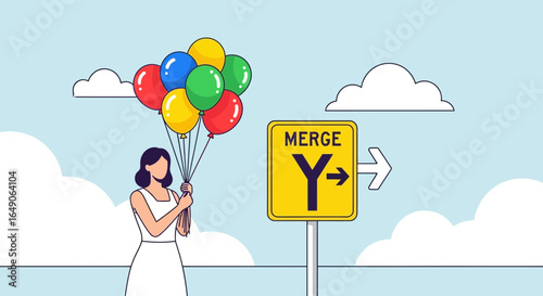 Road To Merge With Balloons Celebrating New Direction and Positive Thinking